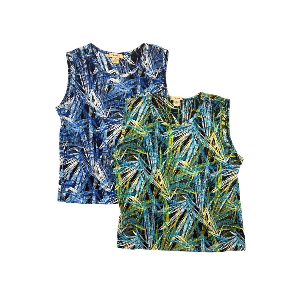 Plisse Tank Top Womens M Blue Green Abstract Tropical Micro Pleated Set of 2